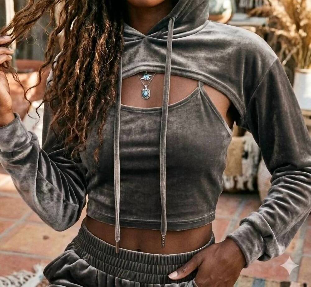 NEW SURELYMINE malibu vintage relaxed velvet cropped hoodie set in charcoal